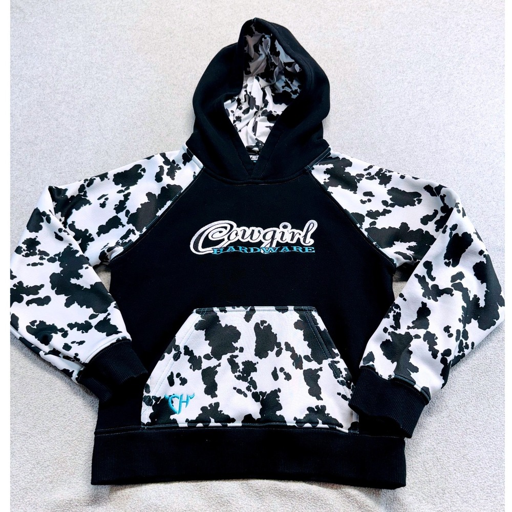 Cowgirl Hardware Hoodie Kids Size M 7-8 Black White Cow Print‎ Western Pullover